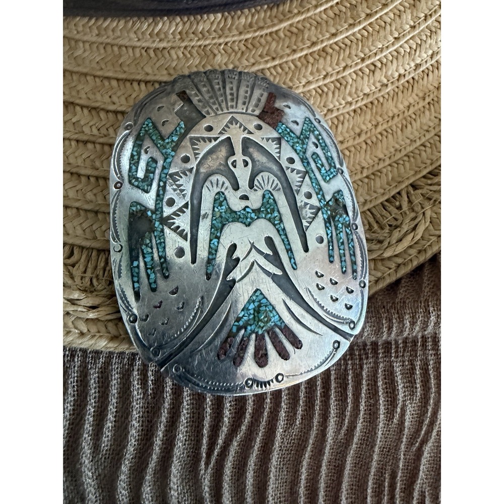 Native American Sterling Silver Turquoise Coral Chip Inlay Buckle Thunderbird